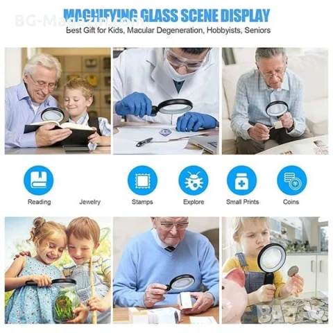 Мощна голяма увеличителна лупа 15X LED осветление стъклена за четене на книга вестник с дръжка лед, снимка 6 - Други инструменти - 50919742