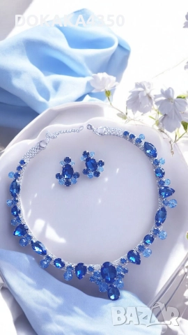 Светло син комплект от колие и обеци , снимка 3 - Обеци - 52495344