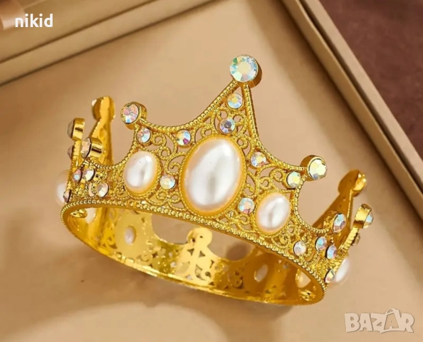 Метална златна сребърна корона с камъни и перли за декорация украса торта и др декор, снимка 3 - Други - 45650333