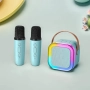 Караоке колона с 2 безжични микрофона Преносима Bluetooth Високоговорител с LED светлина 6 цвята, снимка 13