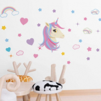 Unicorn Еднорог глава дъга звезди сърца самозалепващ стикер лепенка за стена и мебел детска стая, снимка 1 - Други - 36460953