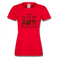 Дамска тениска A Good Day Starts With Coffee Cats & Books,Кафе,Изненада,Подарък,, снимка 2 - Тениски - 36427778
