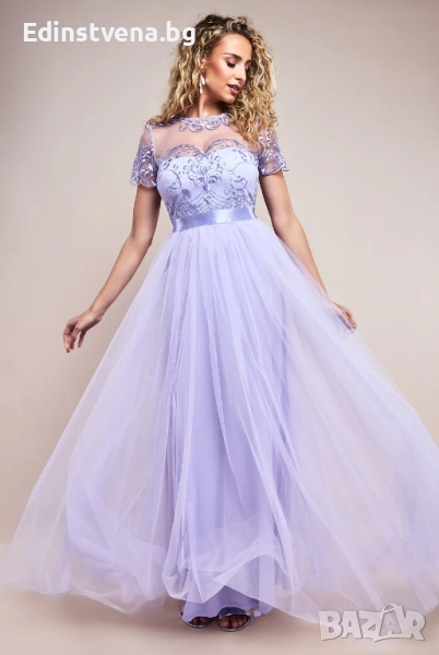 Дамска дълга лилава рокля от тюл с бродирана горна част и сатенен колан, снимка 1