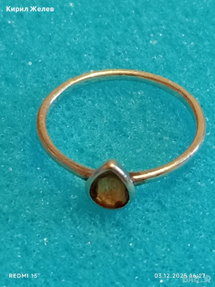 Нежен сребърен пръстен със капковиден камък майсторска ръчна изработка 35438, снимка 1