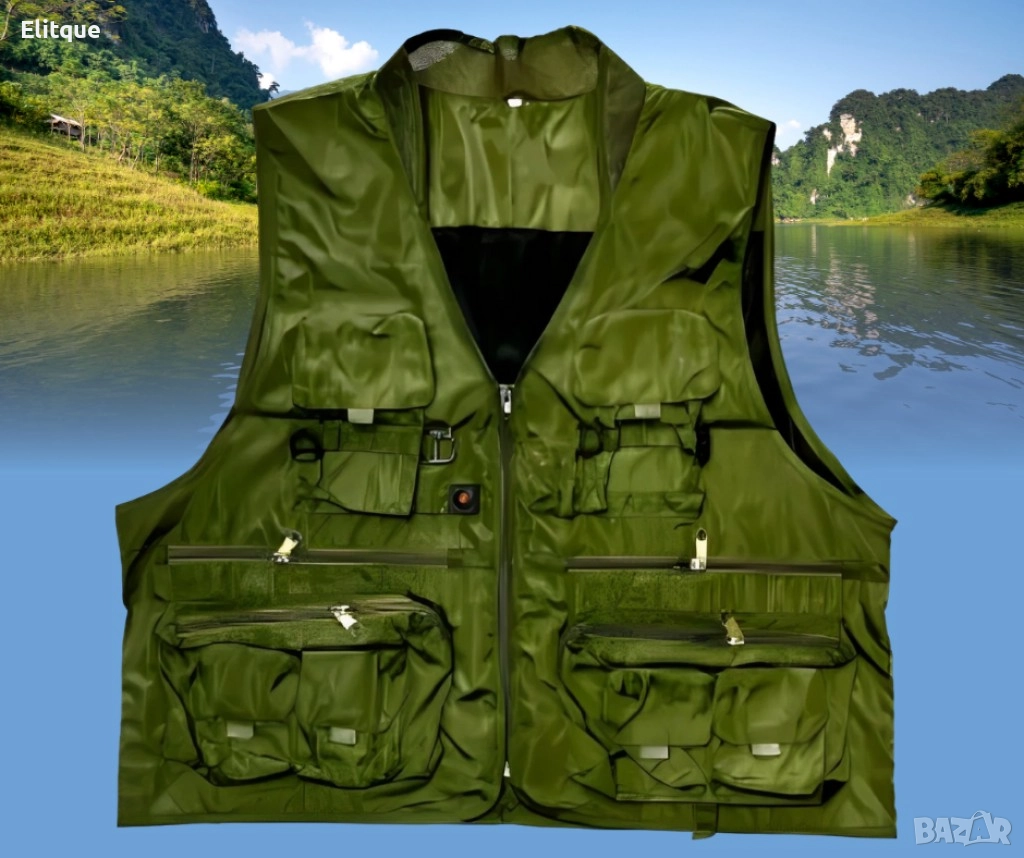 Рибарска жилетка в зелено, размери 2XL/3XL, с много джобове, снимка 1