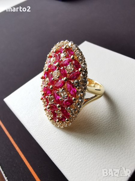 Сребърен 925 пръстен с 14к. златно и родиево покритие и Лабораторни Рубини и Циркони!, снимка 1