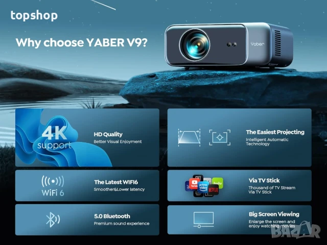 НОВ, ПРОВЕРЕН 300" с 30000 лумена, WiFi 6 Bluetooth 5.2 проектор YABER Pro V9 Smart проектор..., снимка 3 - Плейъри, домашно кино, прожектори - 50787950