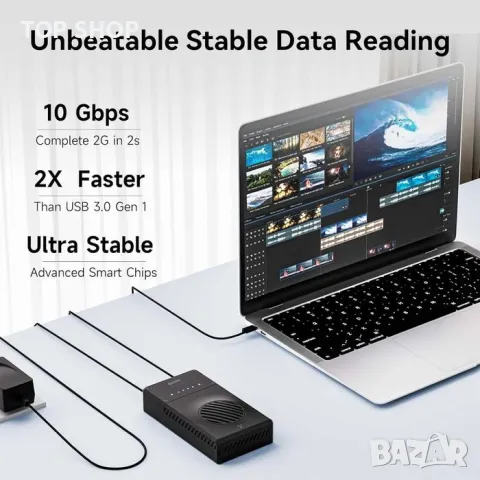 НОВА Докинг станция NVMe Clone, 10Gbit/s Dual-Bay Tool-Free USB C към NVME, снимка 4 - Друга електроника - 48242634