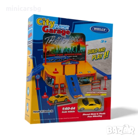Гараж с паркинг и рампи City Playset Garage + метална количка Porsche 911 Carrera 4S Welly, снимка 2 - Колекции - 52633079