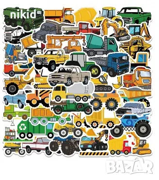 50 бр Багер Камион строителни машини микс самозалепващи лепенки стикери украса декор картонена торта, снимка 4 - Други - 47477172