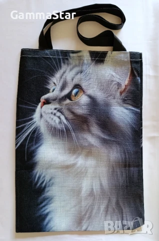 Платнена чанта с дълги дръжки с котка 