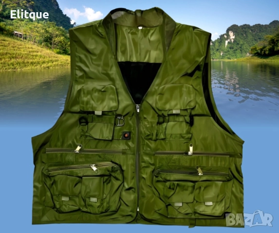 Рибарска жилетка в зелено, размери 2XL/3XL, с много джобове
