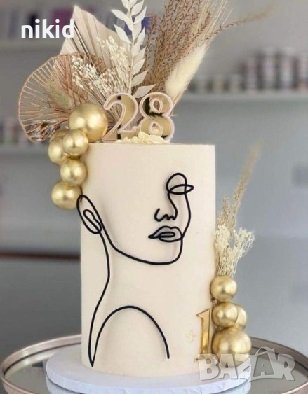 3 вид Абстрактно дамско лице контур черен топер украса декор торта, снимка 2 - Други - 36932873