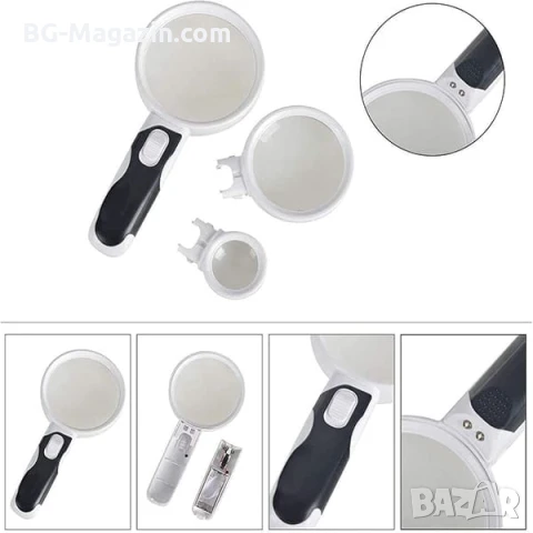 Увеличителна ръчна и настолна лупа с LED осветление сменяеми лещи регулируемо рамо за четене гоблени, снимка 7 - Други инструменти - 50920951