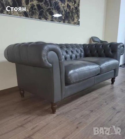 Дизайнерски сив кожен диван тройка тип Честърфийлд, снимка 8 - Дивани и мека мебел - 42422846