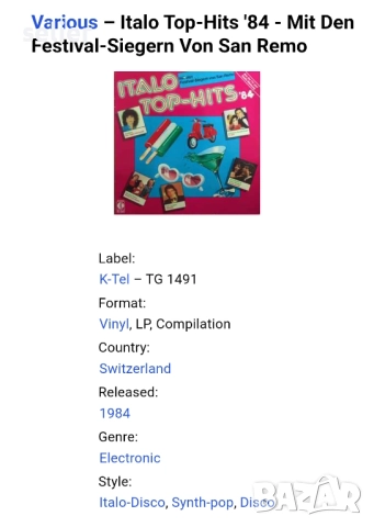 Various – Italo Top-Hits '84 - Mit Den Festival-Siegern Von San Remo Издание 🇨🇭 Switzerland 1984г , снимка 3 - Грамофонни плочи - 52360064