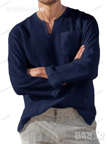 Мъжка ежедневна плажна риза с V-образно деколте и дълги ръкави, 6цвята - 024, снимка 6 - Ризи - 39731757