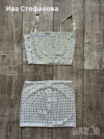 Нов бял еластичен елеганен парти официален коктейлен сет блестящи камъни диаманти цирконий, снимка 8 - Костюми - 51472468