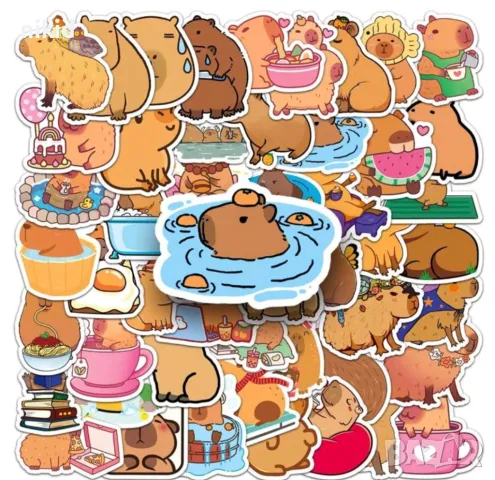 50 бр Капибара Capybara самозалепващи лепенки стикери за украса декор картонена торта и др, снимка 2 - Други - 49980577