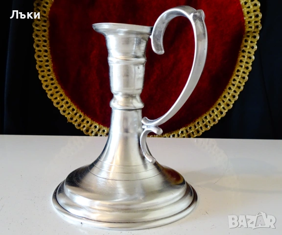 Свещник от калай с дръжка,ръкохватка. , снимка 2 - Антикварни и старинни предмети - 53966046