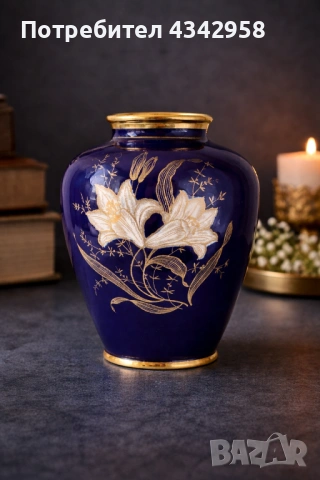 Винтидж порцеланова ваза Limburg Bavaria – кобалт и злато, Германия.1960 г., снимка 2 - Антикварни и старинни предмети - 54098951