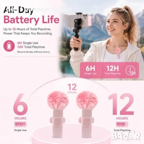 Нов Безжичен микрофон за iPhone Android iPad USB-C Lightning AI шумопотискане за влог TikTok, снимка 4 - Микрофони - 55959065