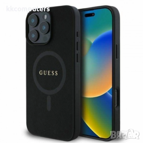 Оригинален кейс Guess Saffiano MagSafe и Протектор За iPhone 16 Pro (6.3), Черен