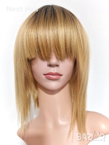 33 см естествена златисто руса омбре перука с тъмни корени и бретон, снимка 2 - Аксесоари за коса - 52029639