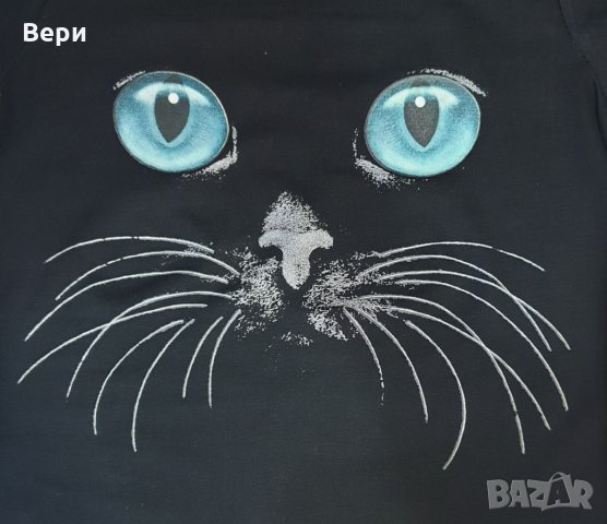 Страхотна нова дамска черна тениска с 3D трансферен печат Котка със сини очи, снимка 2 - Тениски - 29126658