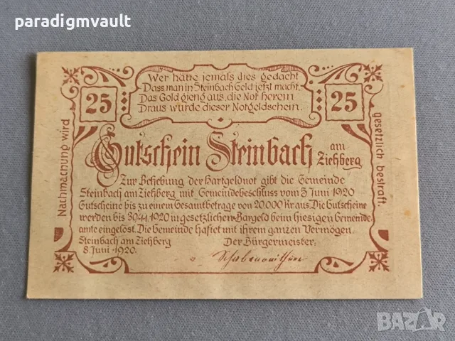 Банкнота - Австрия - 25 хелера (Щайнбах ам Зиберг) | 1920г., снимка 2 - Нумизматика и бонистика - 56184634