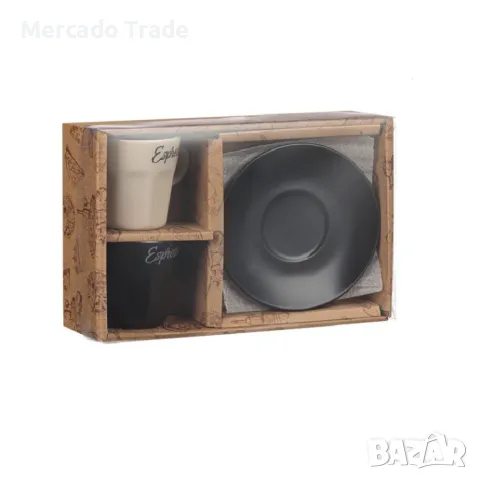 Комплект керамични чаши за кафе Mercado Trade, С чинийка, 80 мл, 2бр., снимка 4 - Чаши - 49535349