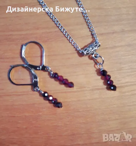 Красив и нежен комплект бижута обеци и колие с камъни Гранат и елементи в цвят сребро , снимка 8 - Бижутерийни комплекти - 49314686