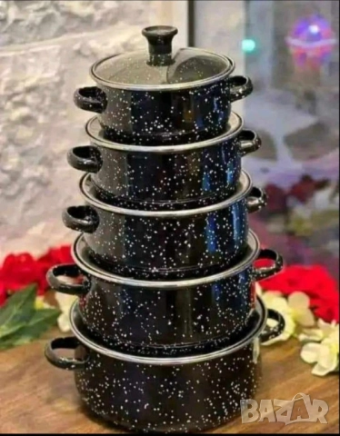 Комплект тенджери DJ36, 5 броя, Емайлирана стомана, Подходящи за фурна, Размери: 16,18,20,22,24 см, снимка 3 - Съдове за готвене - 51728946