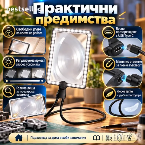 Лупа за врат 5x с 50 LED, димер и USB Type-C, снимка 5 - Други инструменти - 56460131