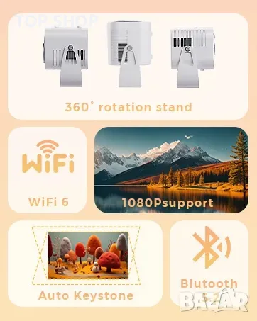 Висококачествен Проектор Jimveo 1080p Full HD  WiFi 6 и Bluetooth 5.2 Преносим проектор, снимка 4 - Плейъри, домашно кино, прожектори - 49049650