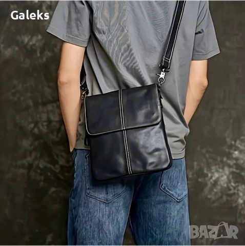 Луксозна, Слим” Кожена мъжка чанта с кръстна инкрустация в Черно и бяло!, снимка 6 - Чанти - 50647973