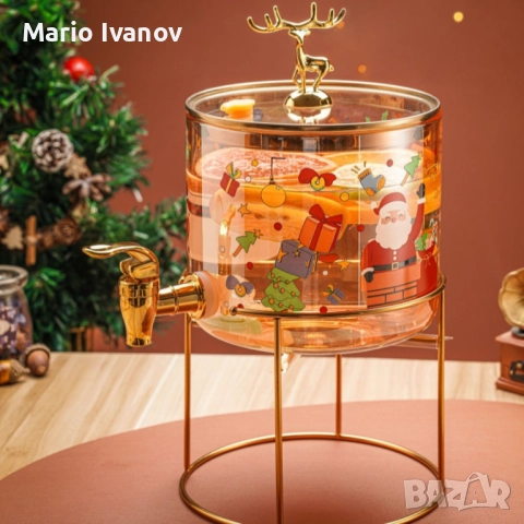 Стъклен диспенсър за напитки 2.6 L с коледен дизайн и златиста стойка, снимка 5 - Други стоки за дома - 52847235
