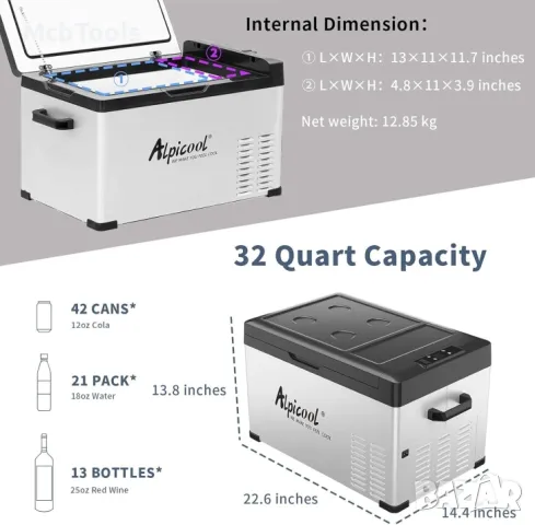 AlpiCool 30L Портативен Компресорен хладилник 30 литра 12V 24V 220V, снимка 5 - Хладилници - 49467724