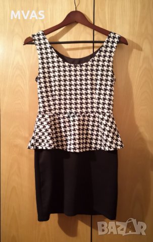 Нова рокля с пеплум черно-бяла S класическа пепитена, снимка 1
