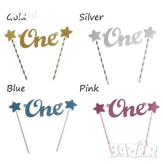 One 1 годинка година със звезди брокатени картон топер със сламки декор украса за рожден ден торта, снимка 3 - Други - 29649458