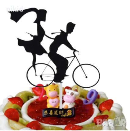 Момиче и Момче на велосипед черен мек брокатен топер украса декор за торта, снимка 2 - Други - 30375736