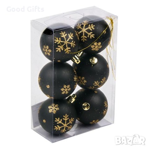 6 броя Комплект Коледни топки, Черни със Златна снежинка