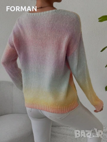 СТРАХОТНА блуза плетиво в преливащи нежни цветове и остро деколте, снимка 2 - Блузи с дълъг ръкав и пуловери - 53002029