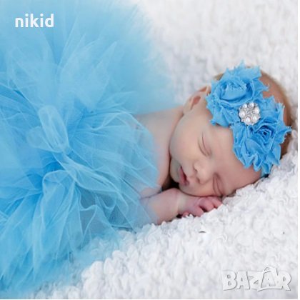 Небесно синя син цвят туту пола поличка и лента с пандела за глава за бебе фотосесия фото декор, снимка 1