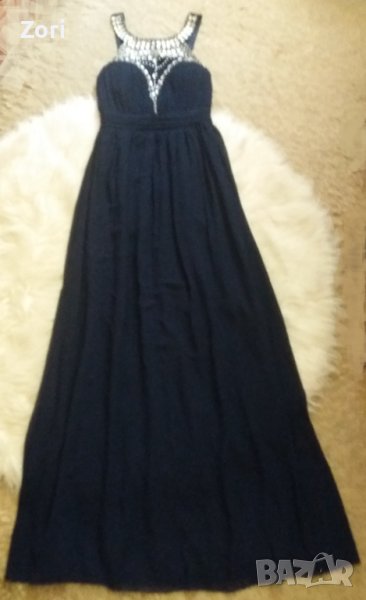 ВПЕЧАТЛЯВАЩА тъмносиня дълга рокля УНИКАЛНО КРАСИВО деколте , снимка 1