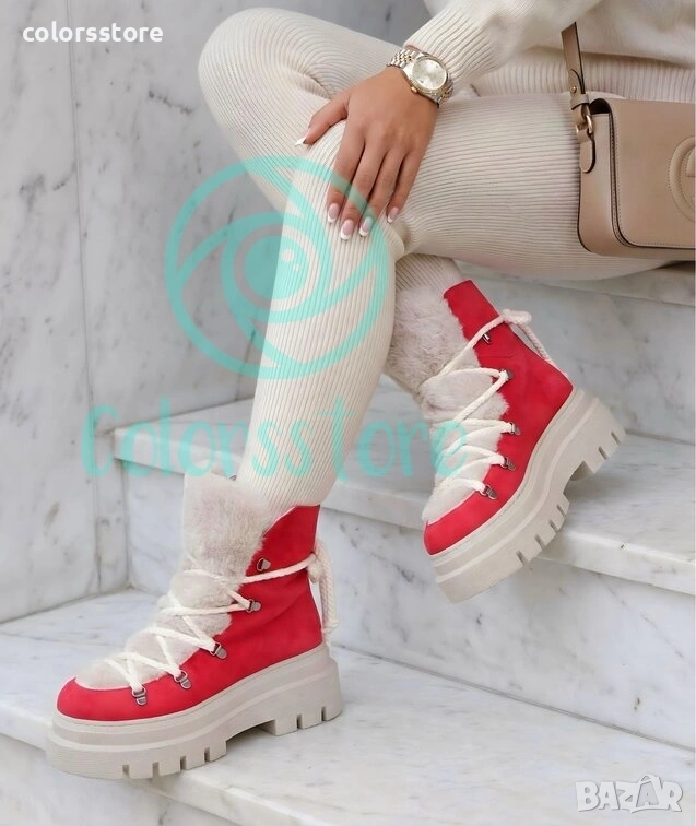Боти на платформа - червено и бежово велур - BPUH1 , снимка 1
