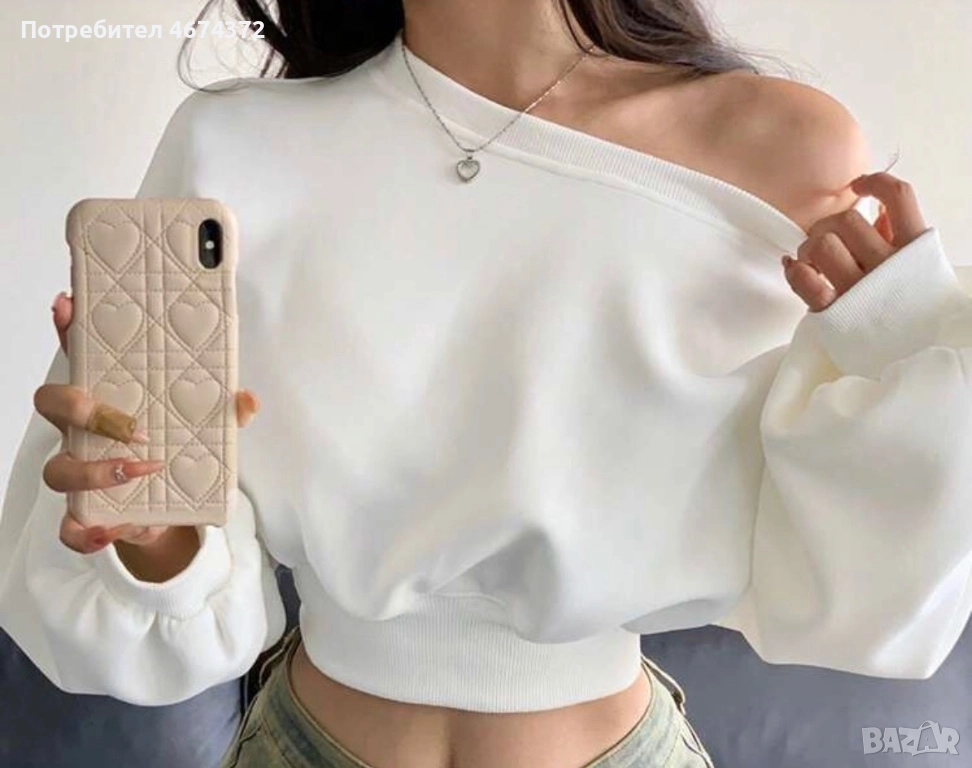 Дамски суитшърт с асиметрично деколте и дълъг ръкав, снимка 1