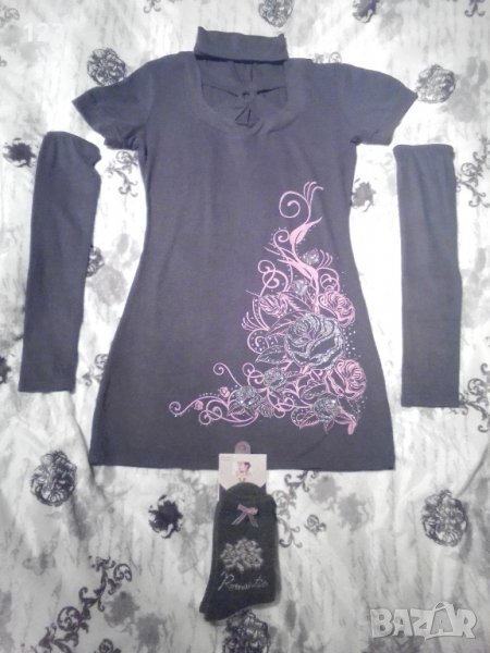 Интересна рокля и туника със свалящи се ръкави и блестящи рози с топлещи чорапи, снимка 1