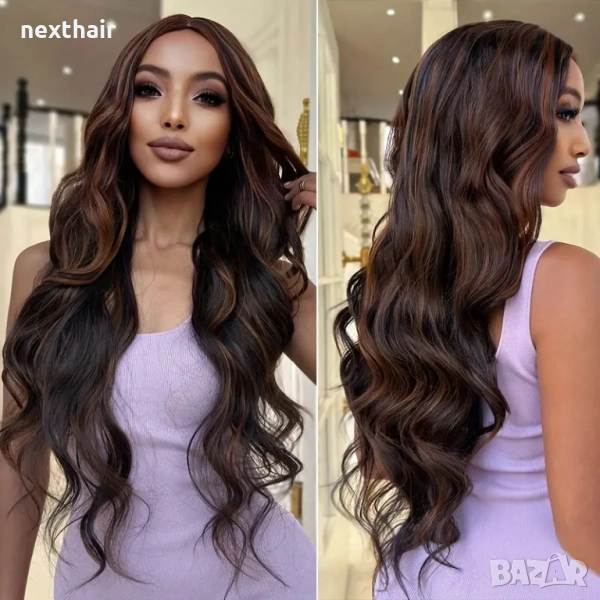 Тъмно кафява вълнообразна перука с кичури , снимка 1