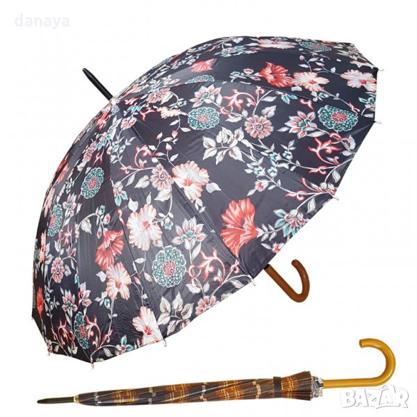 1763 Класически чадър за дъжд с принт на цветя и карета, 16 спици, снимка 1